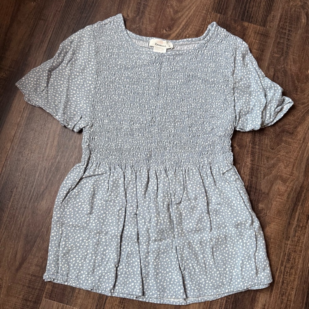 Urban Romantics Small Blue Gray Polka Dot Women's Top Smocked Peplum